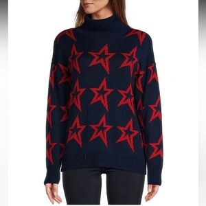 NWT Women L Antonio Melani Blue Red StarWool Blend Turtleneck Sweater Classic